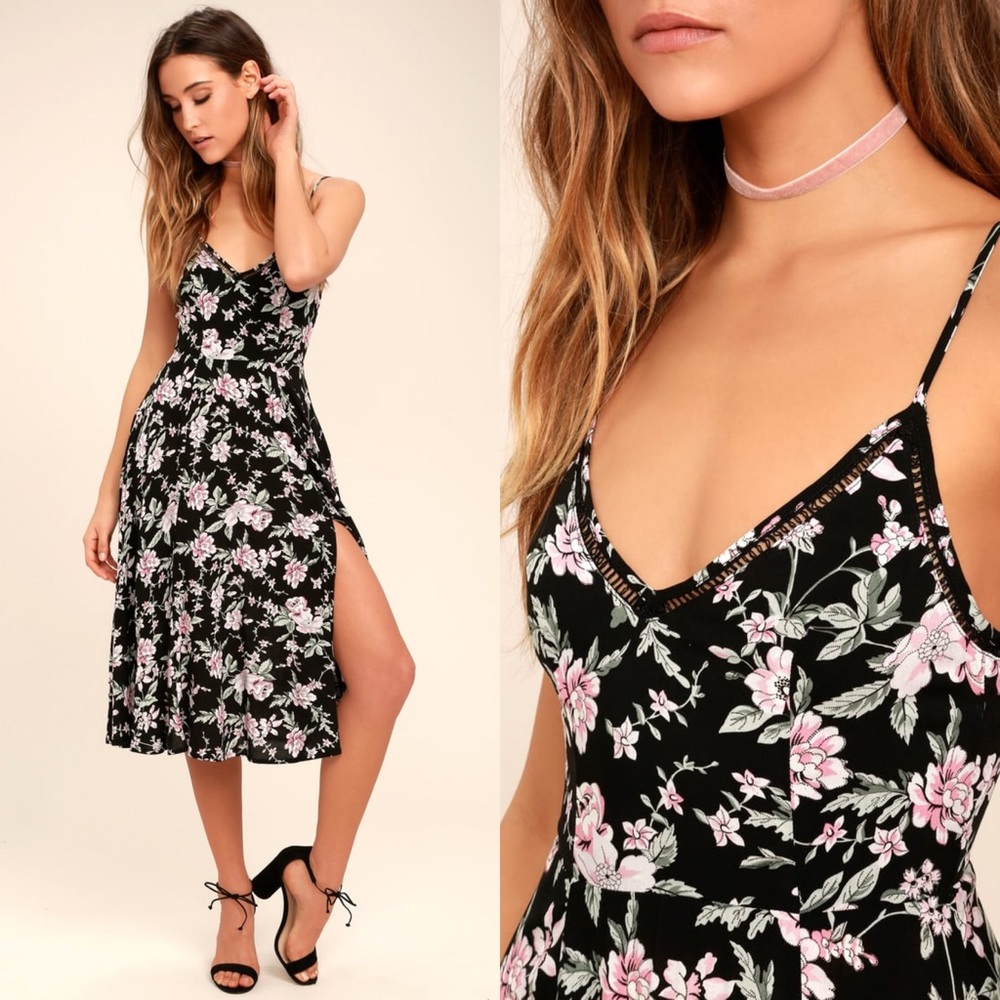 Lulus Esperanza Black Floral Print Midi Dress | Large